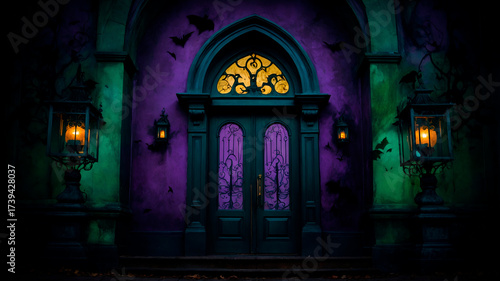 Gothic haunted mansion entrance with swirling purple mist, green highlights, bats silhouette and warm lantern light, elegant spooky mood.