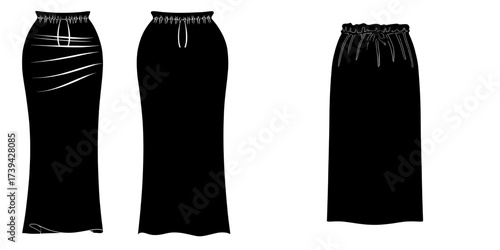 The fashion illustration of a women's below knee length side gathered drawstring skirt is shown in both front and back views, presented in a modern CAD technical drawing and flat drawing style