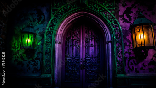 Gothic haunted mansion entrance with swirling purple mist, green highlights, bats silhouette and warm lantern light, elegant spooky mood.