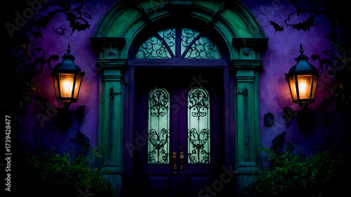 Gothic haunted mansion entrance with swirling purple mist, green highlights, bats silhouette and warm lantern light, elegant spooky mood.