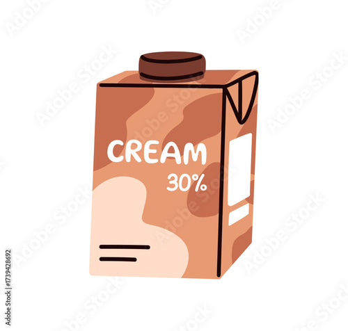 Cream box, carton package. Small cardboard pack, container with cap. Full fat dairy product, milk ingredient. Fresh creamy nutrition. Flat vector illustration isolated on white background.