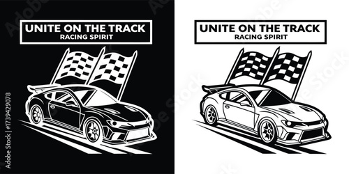 Modern sports car with racing flags, representing unity and the spirit of competition on the track, depicted in a bold black and white graphic