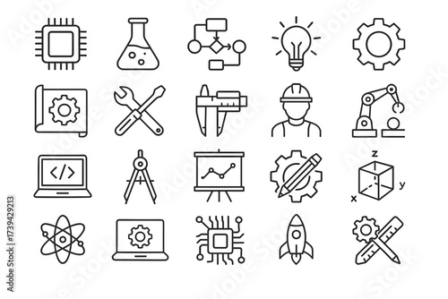 Engineering and Technology Icon Set — Innovation, Science and Industry Line Symbols