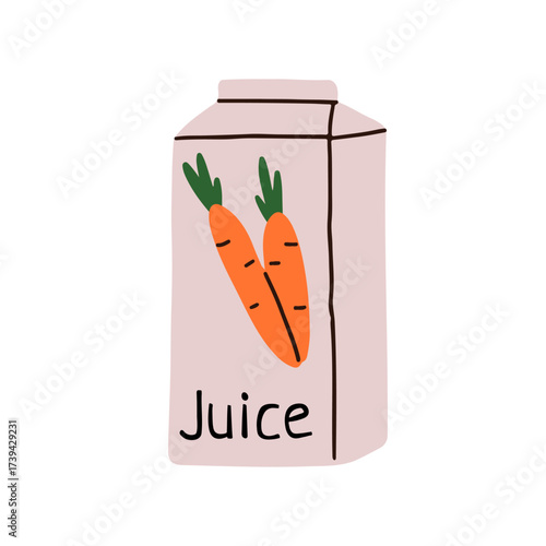 Carrot juice box. Vegetable juicy drink in carton package. Fresh veg beverage, healthy carotene liquid. Natural vitamin refreshment in pack. Flat vector illustration isolated on white background.