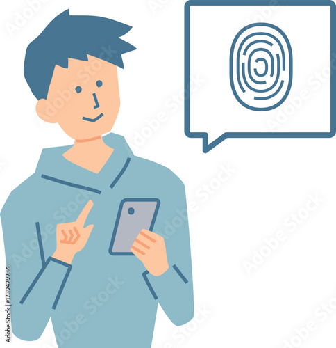 スマホで指紋認証する男性のイラスト