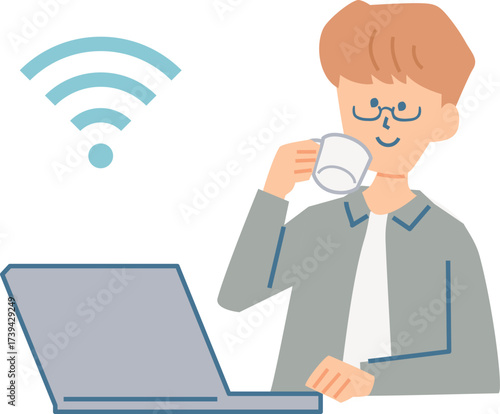 Wi-Fiマークとノートパソコンを使う人物のイラスト
