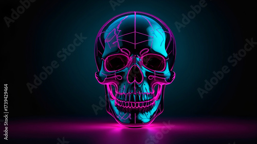 Modern minimalist Halloween neon skull glowing in teal and magenta on black, futuristic stylish design.