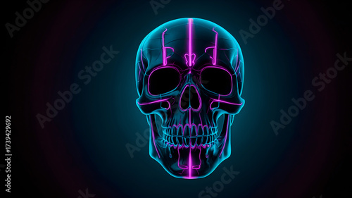 Modern minimalist Halloween neon skull glowing in teal and magenta on black, futuristic stylish design.