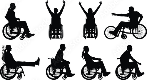 Wheelchair user silhouettes, disability icons, mobility poses, inclusive design, active lifestyle, vector illustration, black set, accessibility, health, independence