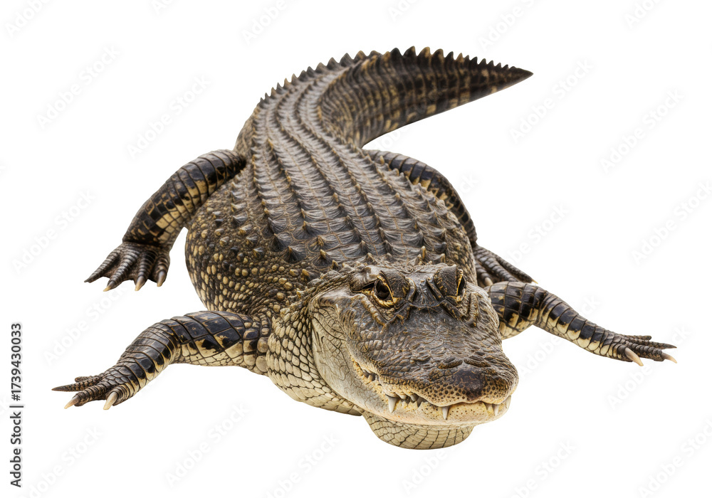 Fototapeta premium Isolated American alligator resting on a surface, revealing its scaled texture and menacing teeth