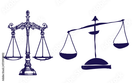  Law symbols set. Scales vector hand drawn