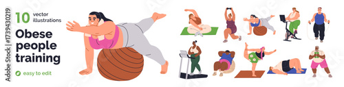 Active plus-size people training, exercising. Fat obese characters at fitness, gym, yoga and sports workouts with ball, treadmill, dumbbell. Flat vector illustrations set isolated on white background.