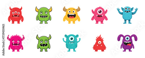 A playful set of colorful monster characters representing fun, fantasy, and imagination