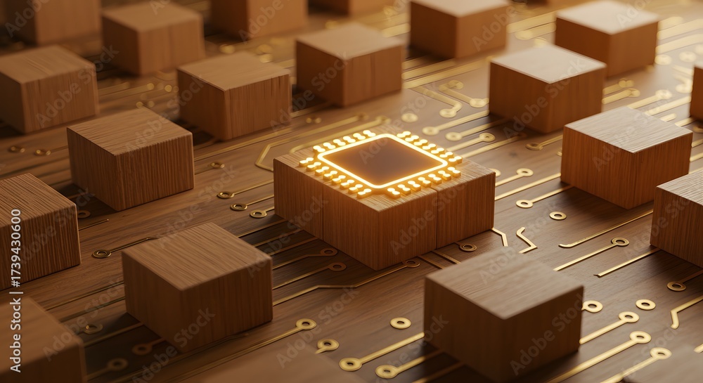 Fototapeta premium The heart of technology A central processing unit glowing on a wooden block amidst a grid, symbolizing digital integration and core innovation
