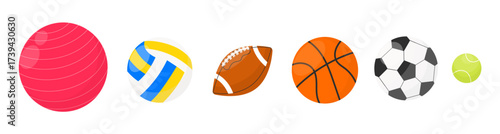 Collection of balls for different sports and recreational activities. Vector balls for soccer, basketball, volleyball, rugby, tennis. Various equipment for sport games isolated on white background.