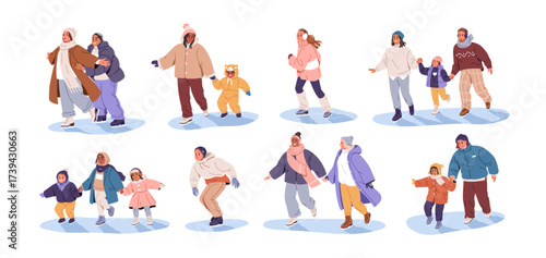 People skating on ice rink, set. Winter holiday leisure, sports activity. Happy family, kids, couples, friends skaters sliding in warm clothing. Flat vector illustrations isolated on white background.