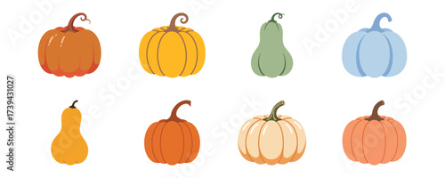 Vibrant collection of autumn pumpkins and gourds, perfect flat vector illustrations for harvest celebrations and fall designs