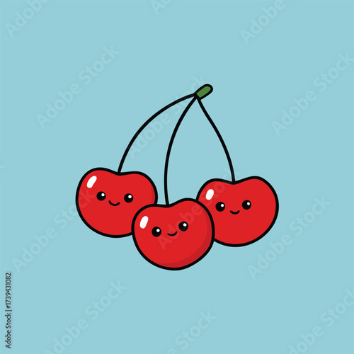 Three cartoon cherries with smiling faces on blue background