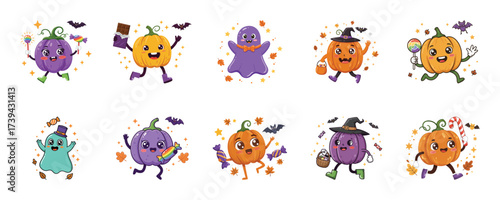 A festive concept of cute cartoon pumpkin and ghost characters for Halloween