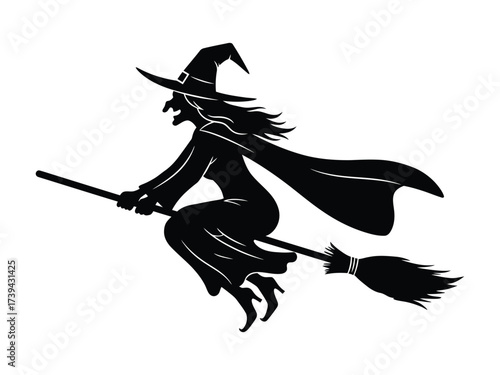 Spooky witch flying on a broomstick, isolated Halloween vector silhouette