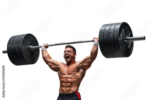 Muscular Man Powerlifting Heavy Weight Overhead Isolated On White Background