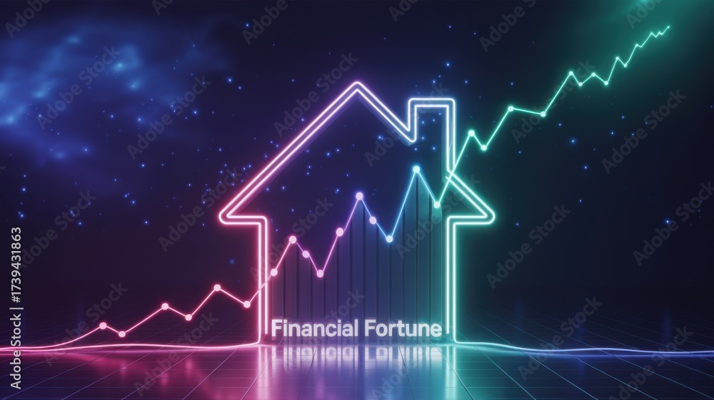 Fototapeta premium Digital house graphic with rising financial trends and vibrant colors.