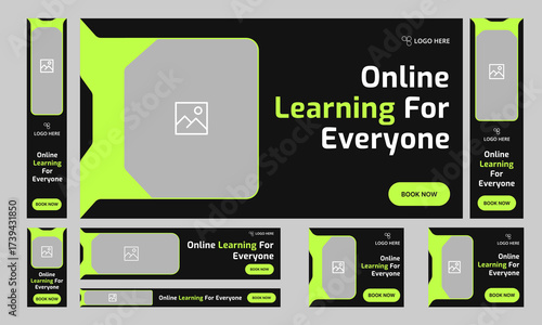 Customizable vector online education web set banner design for social media post, daily learning web bundle banner design, editable vector eps 10 file format