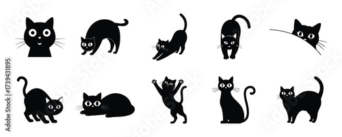 Collection of Black Cat Illustrations in Various Poses and Expressions