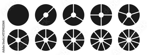 Minimal black pie chart icons in silhouette style. Modern collection for infographic, data visualization, and business design.