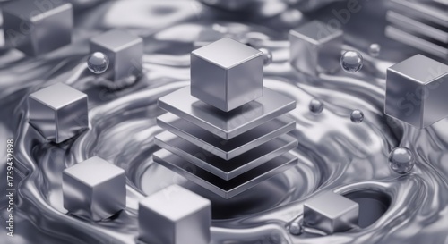 Fototapeta Naklejka Na Ścianę i Meble -  Abstract 3D render of silver metallic cubes and spheres on a reflective liquid surface, modern technology data structure concept.