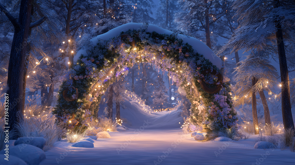Fototapeta premium Winter pathway with illuminated arch and snow-covered trees 