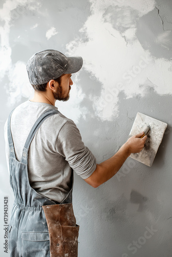 Plasterer with large trowe. Male painter applying plaster to wall in home renovation setting  