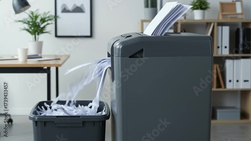 Office paper shredder dispensing shredded documents into bin  