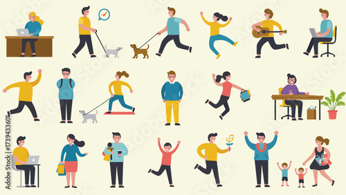 Diverse People Engaging In Everyday Activities Flat Vector Set