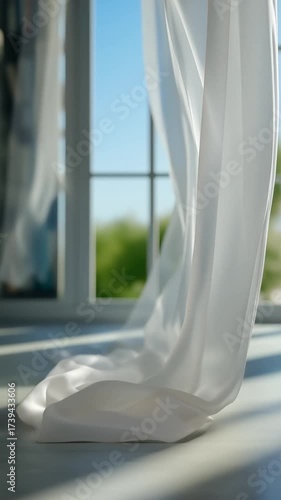 Soft sheer curtains flowing in sunlight by window with greenery outside  