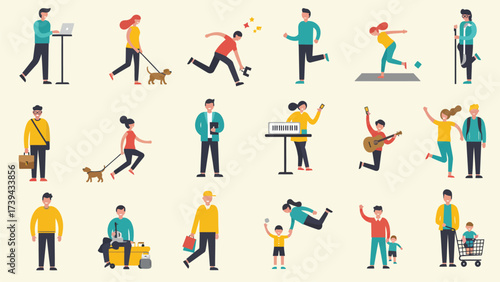 Diverse Daily Life Activities: Flat Design Illustrations of People Engaged in Modern Lifestyles