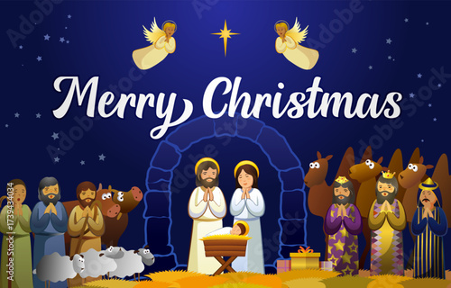 Merry Christmas holiday banner with Bible story scene in cartoon style.