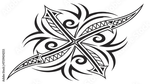 Illustration of a tribal style star design with spiral elements and arrow like extensions in black and white created with generated ai