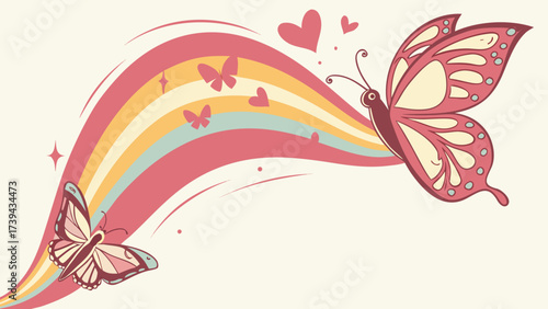 A whimsical illustration of butterflies hearts and a pastel rainbow design on a cream colored background created with generated ai