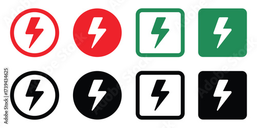 Free Download Set of thunder bolt icons in different styles—red, green, black, circle and square backgrounds. Perfect for concepts like approval, validation, selection, and completed tasks. - GFXLoad