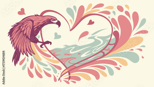 Stylized illustration of an eagle perched near a heart shape filled with water and decorations created with generated ai