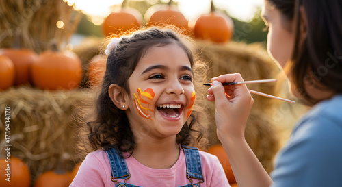 Young girl laughing while getting face painted at autumn festival and Halloween 