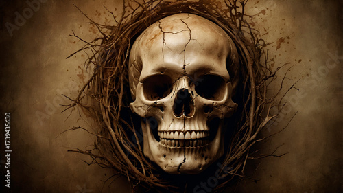 Vintage horror poster vibe with cracked skull wrapped in roots, sepia tone, dramatic side lighting and muted earthy colors.