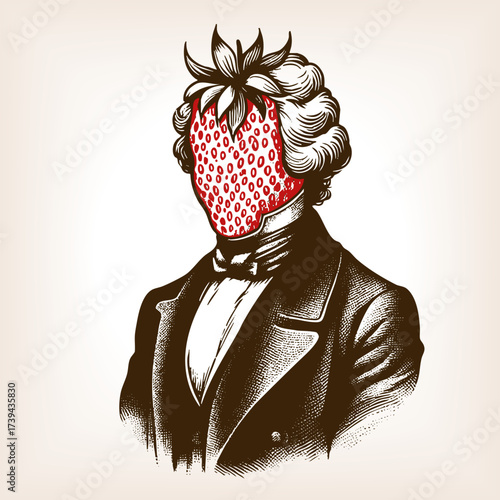gentleman in classic clothing with a large strawberry humorously replacing his entire face sketch engraving generative ai fictional character vector illustration. Scratch board. Black and white image.