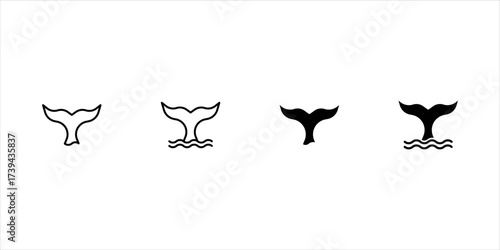 Whale tail with waves icon set. Dolphin, orca, beluga or another marine mammal sign. Black cetacean animal fin silhouette isolated on white background. Ocean beast symbol. Vector graphic illustration.