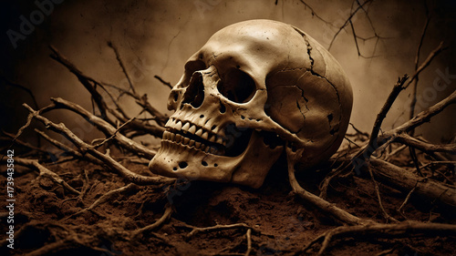 Vintage horror poster vibe with cracked skull wrapped in roots, sepia tone, dramatic side lighting and muted earthy colors.