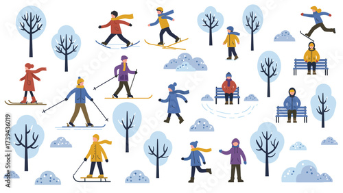 Joyful Winter Activities In A Snowy Park Illustration