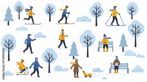 Happy People Enjoying Winter Activities in a Snowy Park