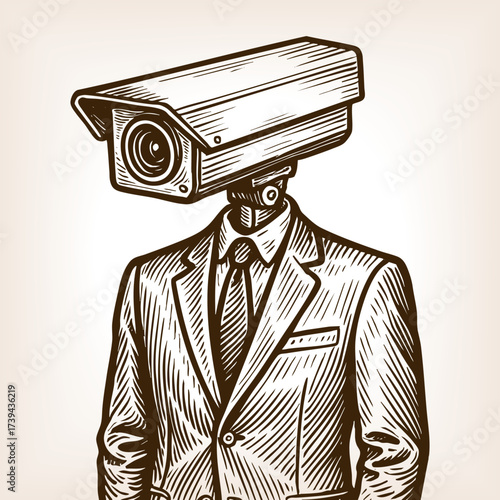 suited man with surveillance camera for a head, symbolizing privacy, control, and modern society sketch engraving generative ai vector illustration. Scratch board imitation. Black and white image.