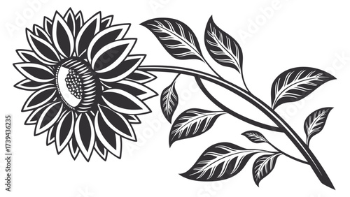 Stylized monochrome drawing of a sunflower with leaves and stem on a white background art illustration created with generated ai
